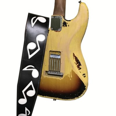 Earth 3 SRV Vaughan musical notes leather guitar strap on Stratocaster